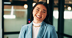 About us, portrait and smile of business woman in office for finance or investment career. Confident, happy and proud with Asian broker in corporate workplace for financial or wealth management
