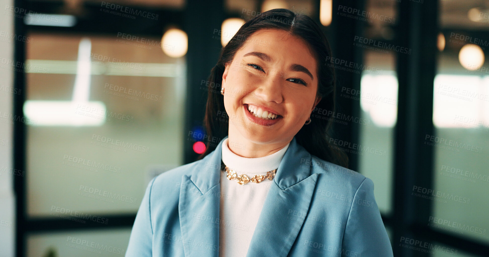 Buy stock photo About us, portrait and smile of business woman in office for finance or investment career. Confident, happy and proud with Asian broker in corporate workplace for financial or wealth management