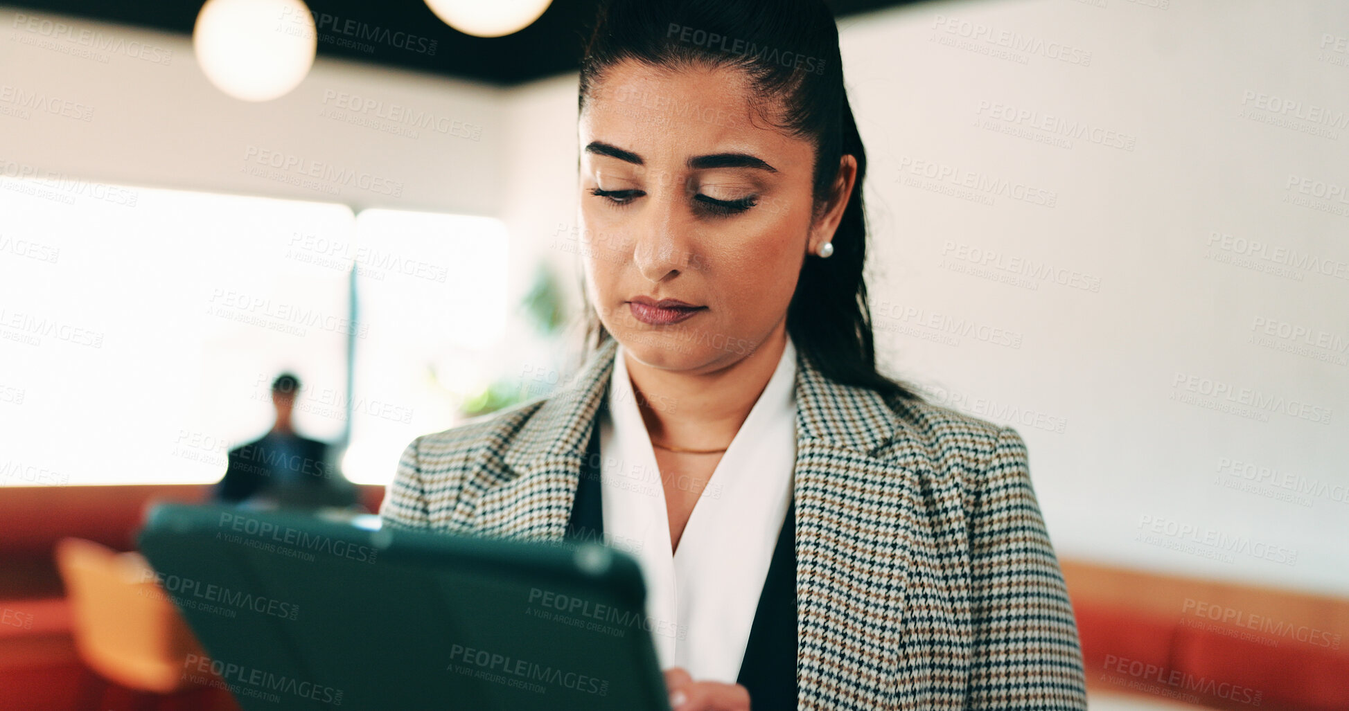 Buy stock photo Serious, business and woman with tablet in office for research, schedule and email for real estate. Person, coworking and realtor with digital for agenda, listing and information on auction pricing