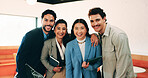 Happy, portrait and team with pride for business cooperation, about us or job opportunity together. Excited, friendly people or employees with smile for career development or company growth in office