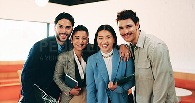 Buy stock photo Happy, portrait and team with pride for business cooperation, about us or job opportunity together. Excited, friendly people or employees with smile for career development or company growth in office