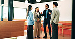 Meeting, discussion and business people with team in office for social interaction or engagement. Employees, group or friendly colleagues with smile for happy conversation, comedy or humor together