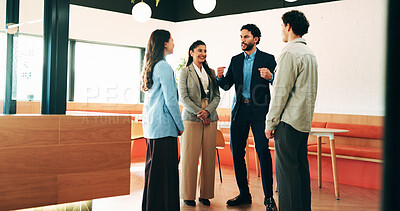 Buy stock photo Meeting, discussion and business people with team in office for social interaction or engagement. Employees, group or friendly colleagues with smile for happy conversation, comedy or humor together