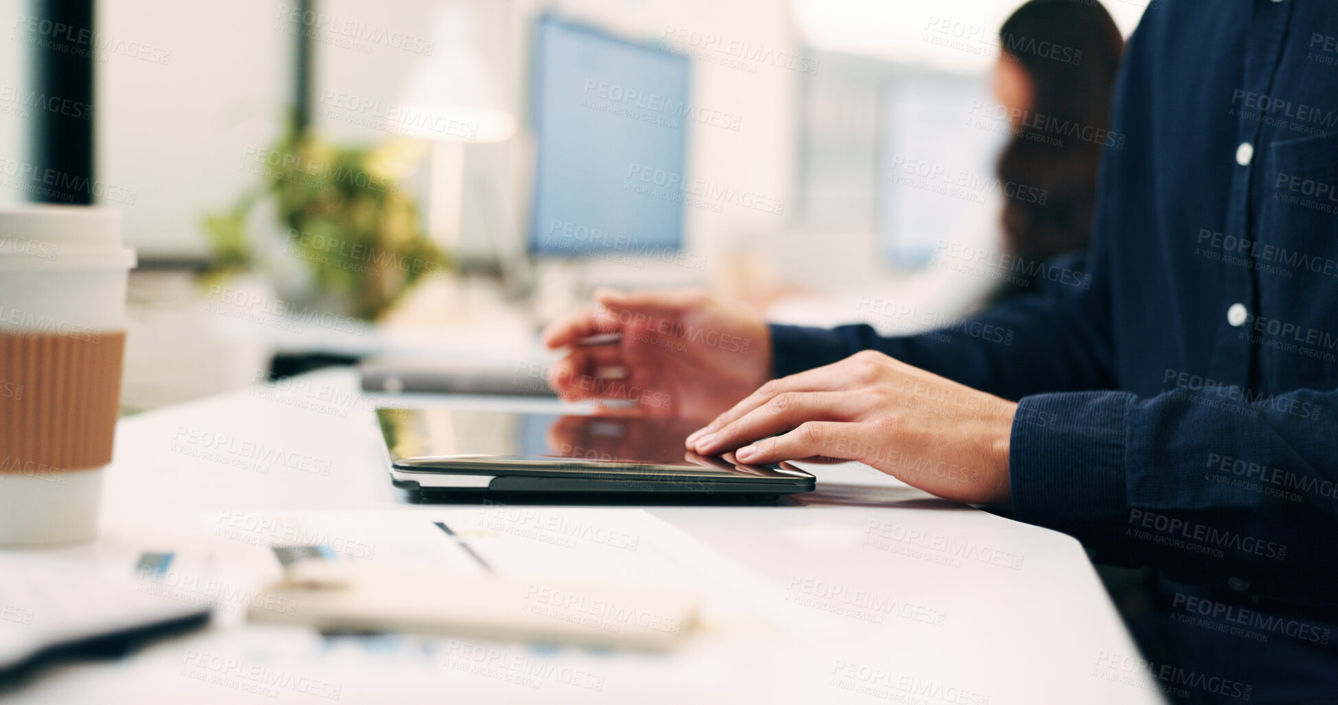 Buy stock photo Hands, person and closing laptop in office for productivity, finish work and deadline of investment. Employee, coworking and done with pc, task completion and end of shift at accounting company