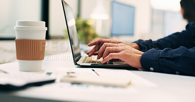 Buy stock photo Hands, laptop and typing with business person at desk in office for planning, research or review. Coffee, computer and keyboard with employee man in workplace for email feedback, job or report