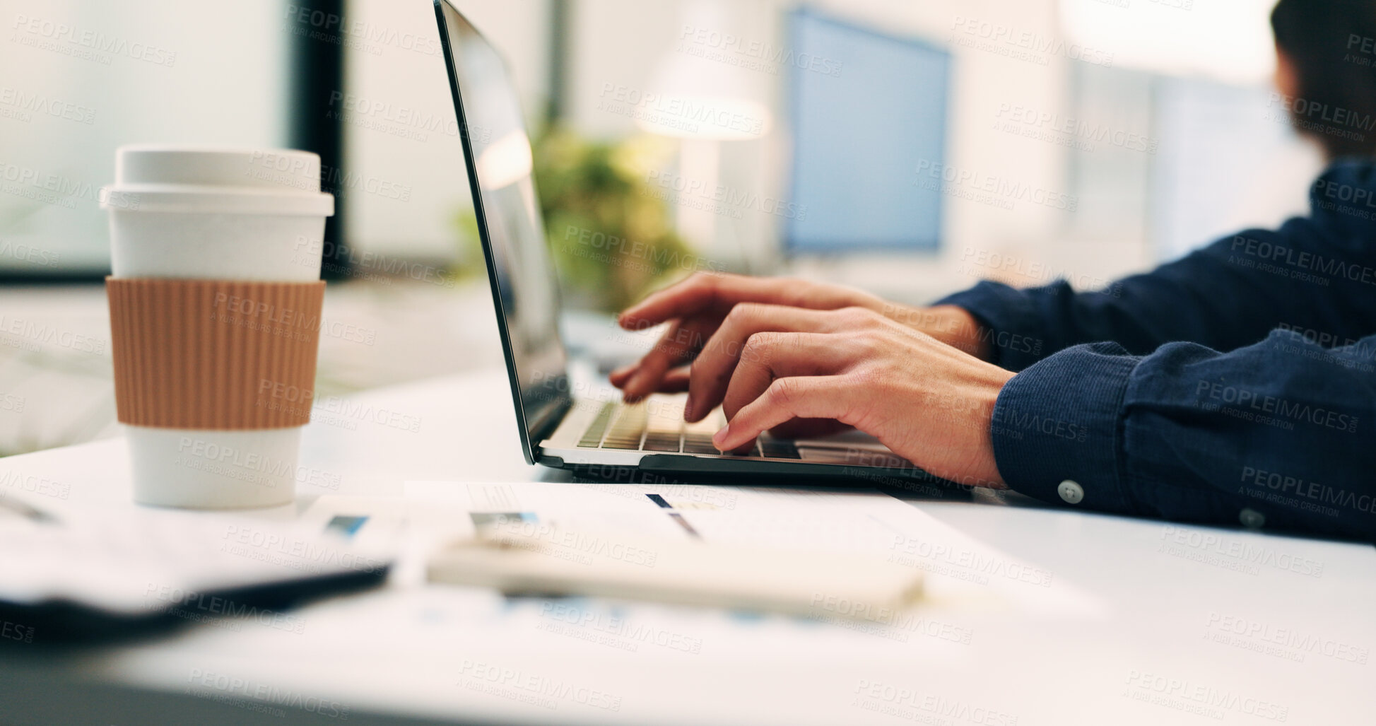 Buy stock photo Hands, laptop and typing with business person at desk in office for planning, research or review. Coffee, computer and keyboard with employee man in workplace for email feedback, job or report