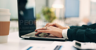 Buy stock photo Hands, laptop and typing with business woman at desk in office for planning, research or review. Coffee, computer and keyboard with employee person in workplace for email feedback, job or report