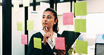 Thinking, businesswoman or brainstorm with tablet at glass for venue ideas, task timeline or mindmap. Event planner, sticky notes or tech in office for vendor sourcing, guest list insight or schedule