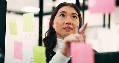 Buy stock photo Business, woman and brainstorm with tech at glass for venue ideas, function timeline or progress. Event planner, sticky notes or pointing in office for vendor research, digital planning and mindmap