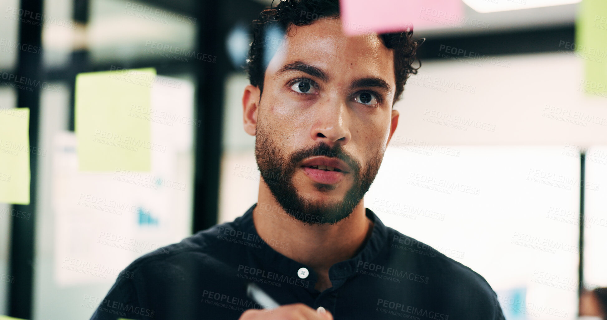 Buy stock photo Writing, man or brainstorming at glass in office for function planning, catering list or timeline. Event planner, sticky notes and information for vendor sourcing, venue ideas or project management
