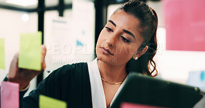 Buy stock photo Tablet, woman and writing on sticky notes in office for venue ideas, planning guest list or agenda. Event planner, tech or brainstorming on glass for vendor sourcing, schedule and project management