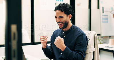 Buy stock photo Business, success or man in office with laptop, promotion offer or good news in investor update. Happy, growth or finance advisor with fist pump, career milestone or funding opportunity in feedback.