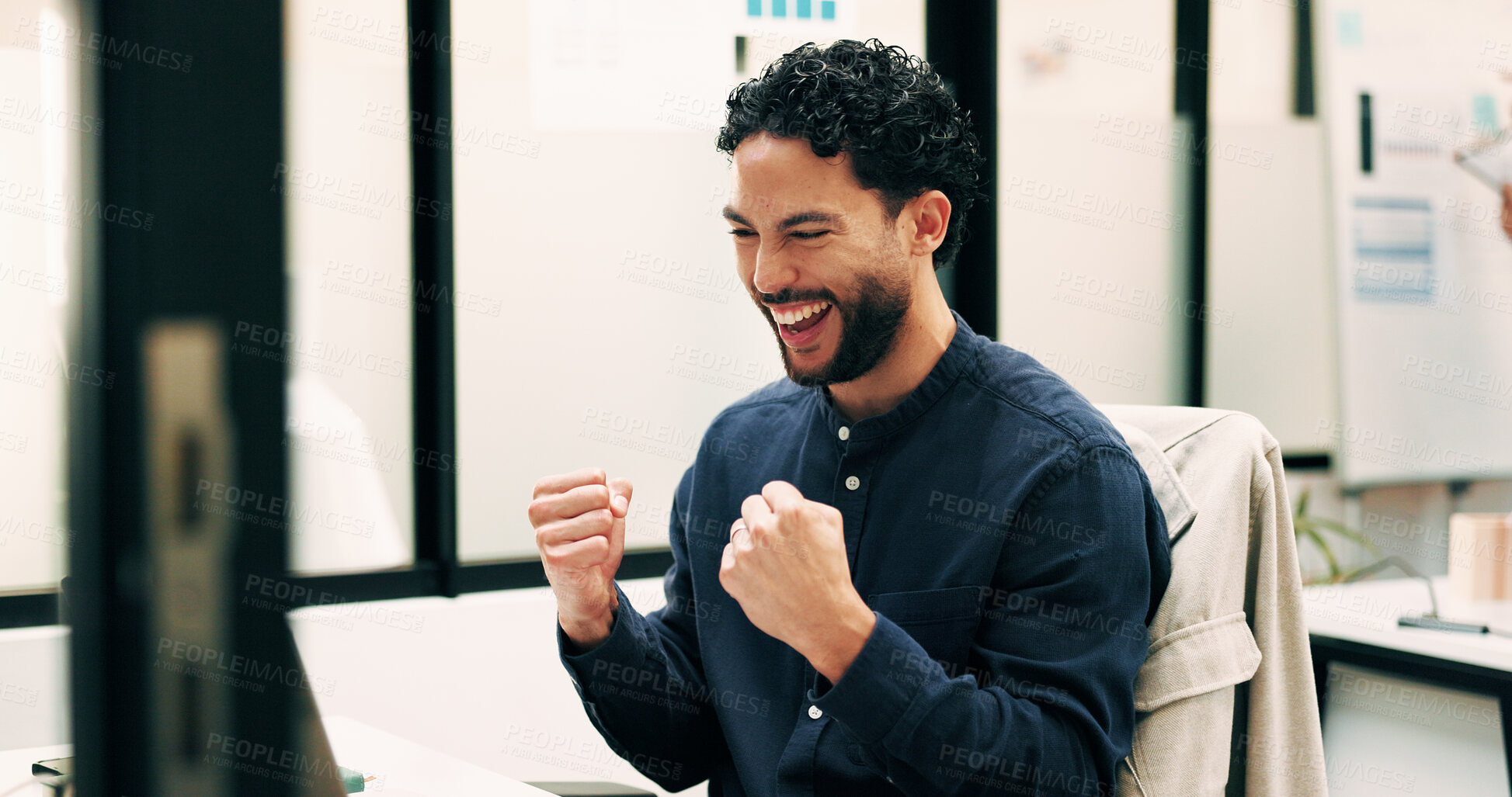 Buy stock photo Business, success or man in office with laptop, promotion offer or good news in investor update. Happy, growth or finance advisor with fist pump, career milestone or funding opportunity in feedback.