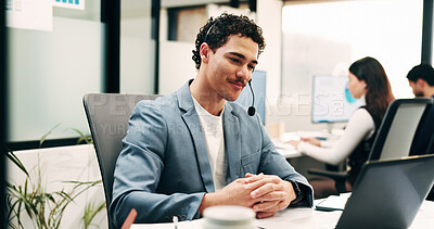 Buy stock photo Business, man and laptop with headset in call centre for research, advice and inquiry for finance. Smile, agent and coworking with pc for customer service, assistance and guidance for banking online