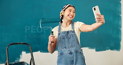 Buy stock photo Woman, selfie and painting wall with smile, remodeling and creativity for property development. Person, interior design and renovation with photography, social media and brush for home improvement