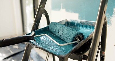Buy stock photo Painting, room and remodeling with tools in home, interior design or renovation project with roller. Color, change and equipment for diy transformation, maintenance and creative house improvement