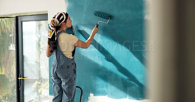 Buy stock photo Painting, wall and back of woman in home for decoration, interior design and creative project. House, ladder and person with color, paintbrush and inspiration for remodeling, diy upgrade and change