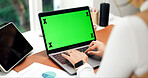 Laptop, green screen and hands in home for accounting, website and business research at desk. Remote work, mockup space and person with tech for typing budget, finance information and online review