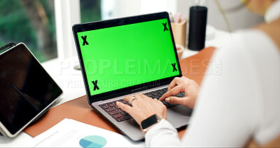 Buy stock photo Laptop, green screen and hands in home for accounting, website and business research at desk. Remote work, mockup space and person with tech for typing budget, finance information and online review