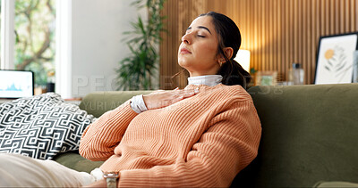 Buy stock photo Woman, relax and breathe at house for meditation, spiritual healing and zen with holistic balance. Person, rest and eyes closed in home with silence, inner peace and inhale technique for mindfulness