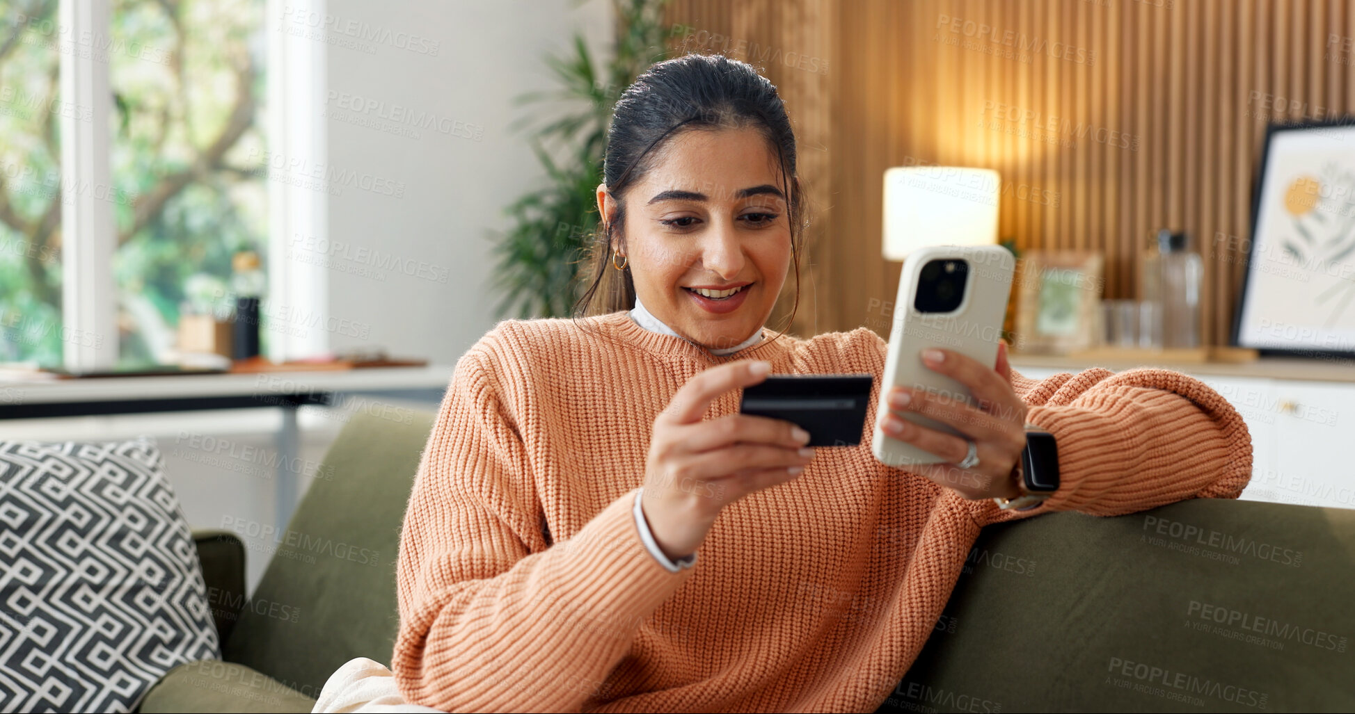 Buy stock photo Woman, smile and phone with credit card for online shopping, subscription payment or transaction at home. Person, webshop scroll and debit details for ecommerce, internet banking and mobile app store