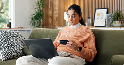 Buy stock photo Woman, credit card and laptop in home for online shopping, subscription payment or transaction. Person, webshop or debit details for ecommerce, internet banking and pc for fintech, purchase or buying