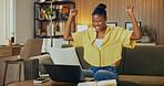 Woman, fist pump and student in home with laptop, good news and email for university acceptance. Smile, African person and cheering at house with pc, exam results and success of elearning scholarship