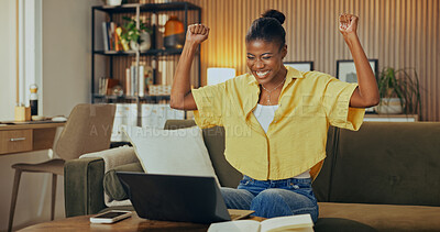 Buy stock photo Woman, fist pump and student in home with laptop, good news and email for university acceptance. Smile, African person and cheering at house with pc, exam results and success of elearning scholarship