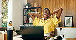 Excited, woman and student in home with laptop, good news and email for university acceptance. Smile, African person or relax at house with pc, exam results and notification for elearning scholarship
