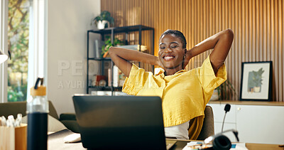 Buy stock photo Excited, woman and student in home with laptop, good news and email for university acceptance. Smile, African person or relax at house with pc, exam results and notification for elearning scholarship