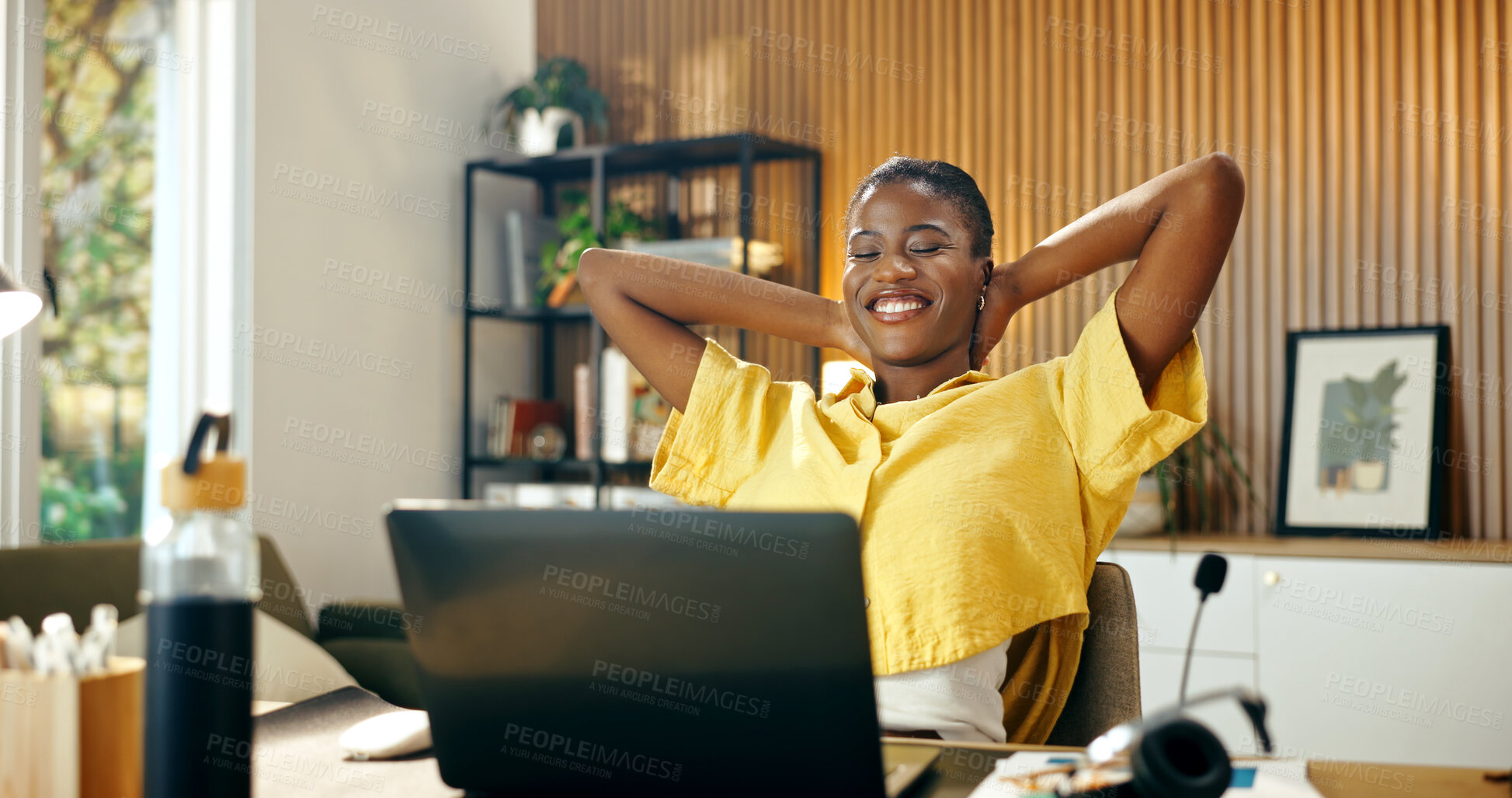 Buy stock photo Excited, woman and student in home with laptop, good news and email for university acceptance. Smile, African person or relax at house with pc, exam results and notification for elearning scholarship
