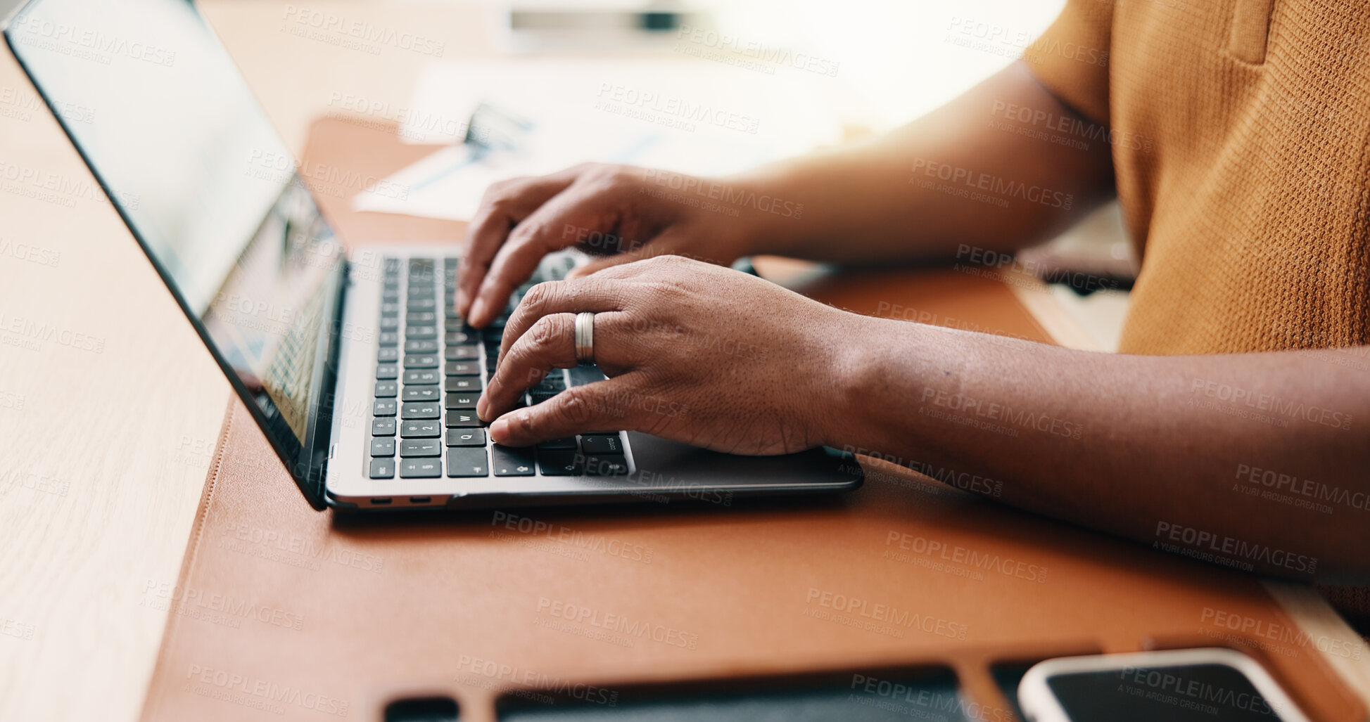 Buy stock photo Person, hands and typing with laptop in home for journalism, online research or article. Freelancer, remote work or journalist with computer on desk for digital story, network or connection in house