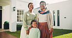 Portrait, mom and child with grandmother for new house, relocation and moving to dream home outdoor. African family, happy and woman with girl, senior parent and smile for bonding, love and property