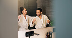 Bathroom, happy couple and dance by mirror for love, morning routine and bonding together. Excited people, music and rhythm in home with reflection, hygiene and relationship wellness with space