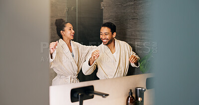 Buy stock photo Bathroom, happy couple and dance by mirror for love, morning routine and bonding together. Excited people, music and rhythm in home with reflection, hygiene and relationship wellness with space
