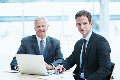 Buy stock photo Business, portrait or team in firm with smile, career pride or about us in law industry. Confidence, justice or legal executives with tech, ambition or attorney partnership in trial preparing.