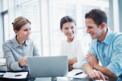 Buy stock photo Meeting, discussion and business people in office with laptop, smile and good news for budget review. Happy, team and talk in workplace with computer, collaboration or approval for financial planning