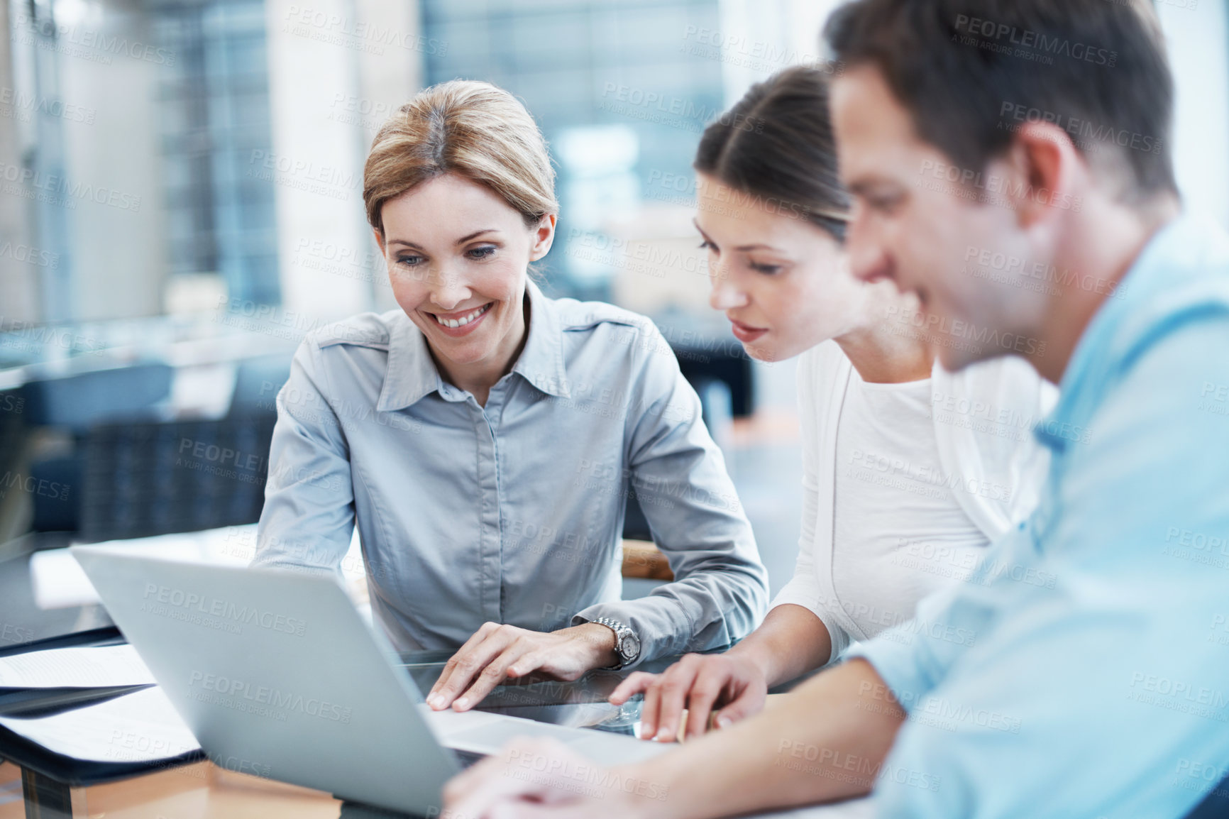 Buy stock photo Finance, couple and smile at laptop with consultant, insurance policy update and budget meeting. Computer, happy people and broker agent in office for investment guide, asset management or planning