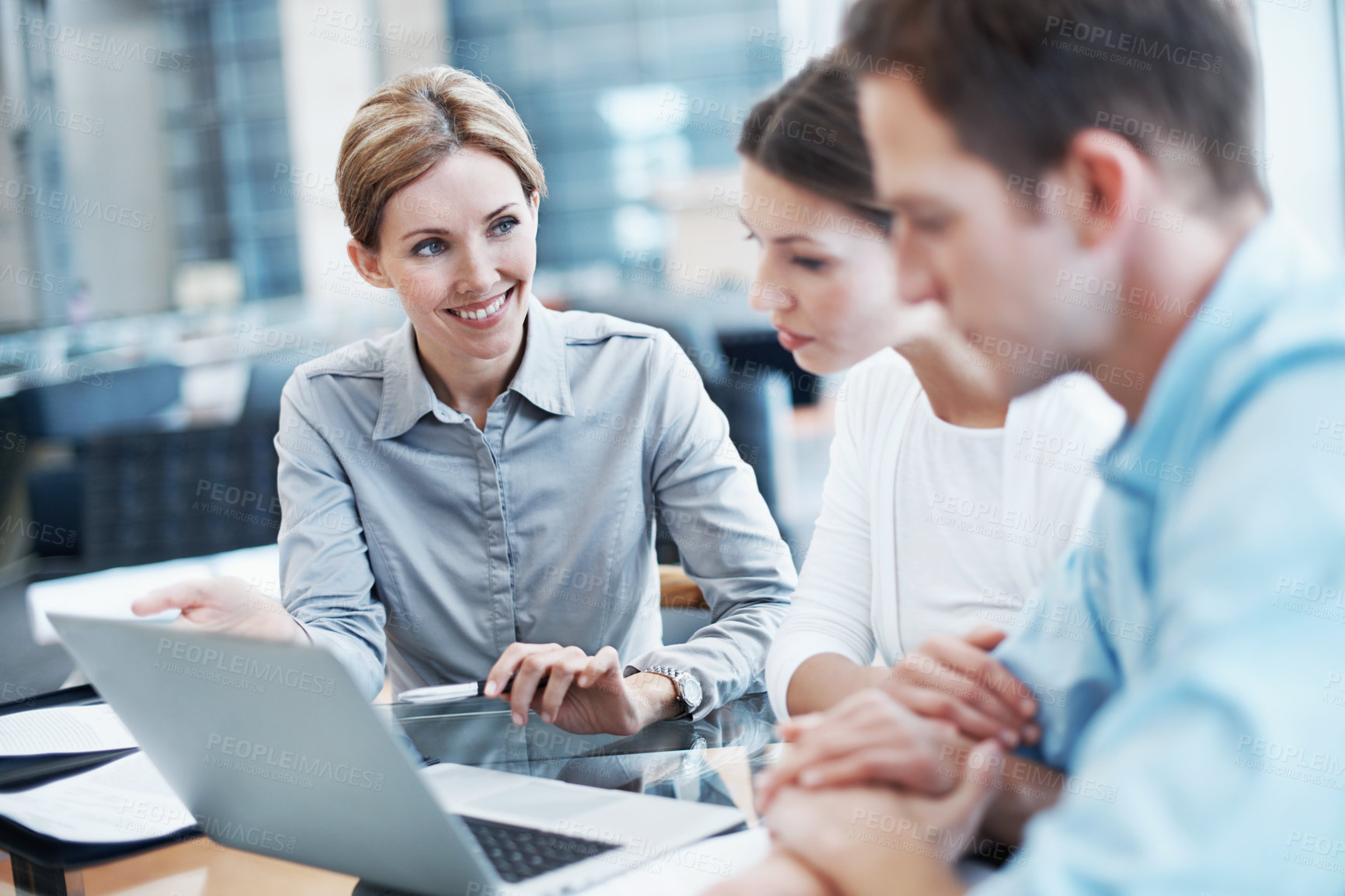 Buy stock photo Finance, couple and laptop in meeting with consultant, insurance policy update and holding hands. Tech, married people and broker agent in office for investment guide, asset management or planning