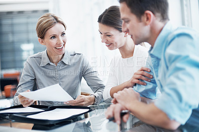 Buy stock photo Finance, happy couple and paper in meeting with consultant, insurance policy update and holding hands. Document, married people and broker in office for investment guide to qualify for premium cover