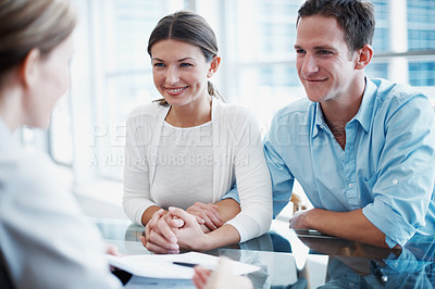 Buy stock photo Couple, finance and meeting with financial advisor for agreement, consulting or investment. Accounting, conversation or update with broker and people in office for portfolio development or growth
