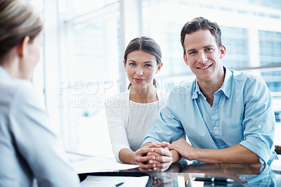Buy stock photo Finance, couple and portrait in meeting with consultant, insurance policy update and holding hands. Support, happy people and broker agent in office for investment guide, asset management or planning