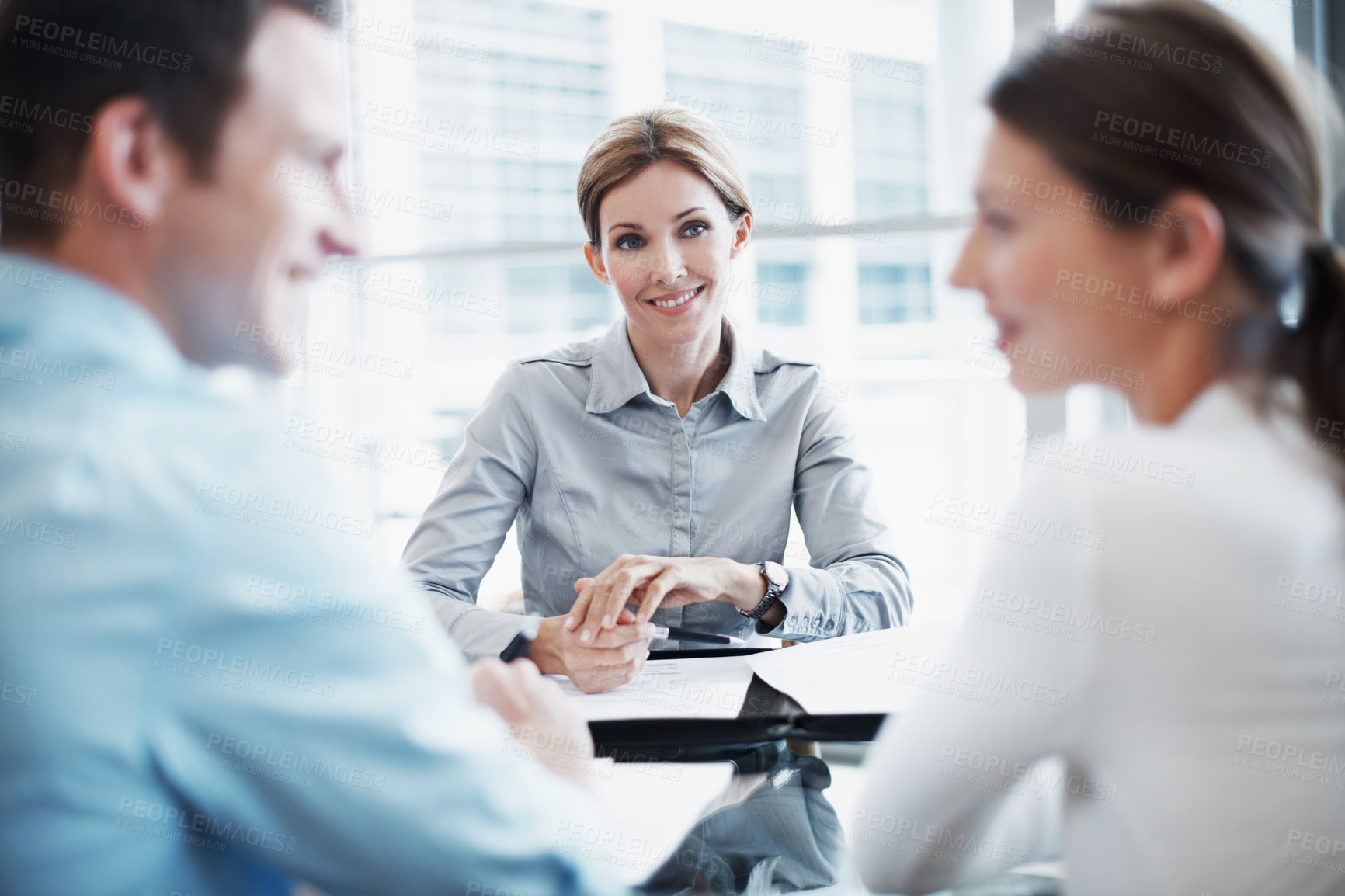 Buy stock photo Office, woman and financial advisor with couple in consultation, discussion and asset management. Happy people, consultant or clients with savings document, investment contract or wealth planning