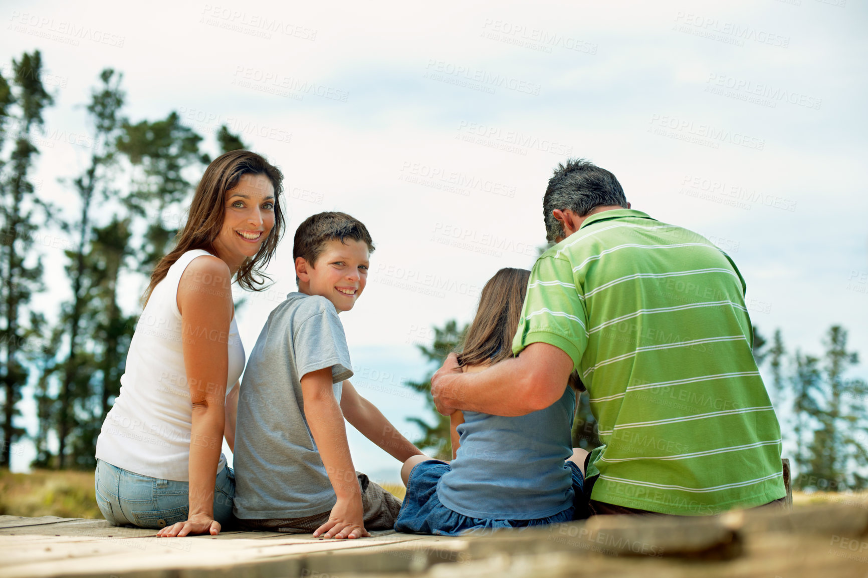 Buy stock photo Mother, boy and smile on dock for vacation with countryside, bonding and relax in nature together. Family, children and portrait with jetty outdoor for holiday, summer trip and travel by lake