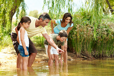 Buy stock photo Happy, parents and pointing with children at lake, adventure and discover fish on holiday. Smile, people and hand gesture in nature with kids, river observation and water for sightseeing vacation