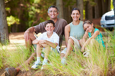 Buy stock photo Holiday, parents or children in forest with portrait, bonding together or connection on summer vacation. Smile, siblings or family with love, happy moment or healthy relationship on outdoor getaway.