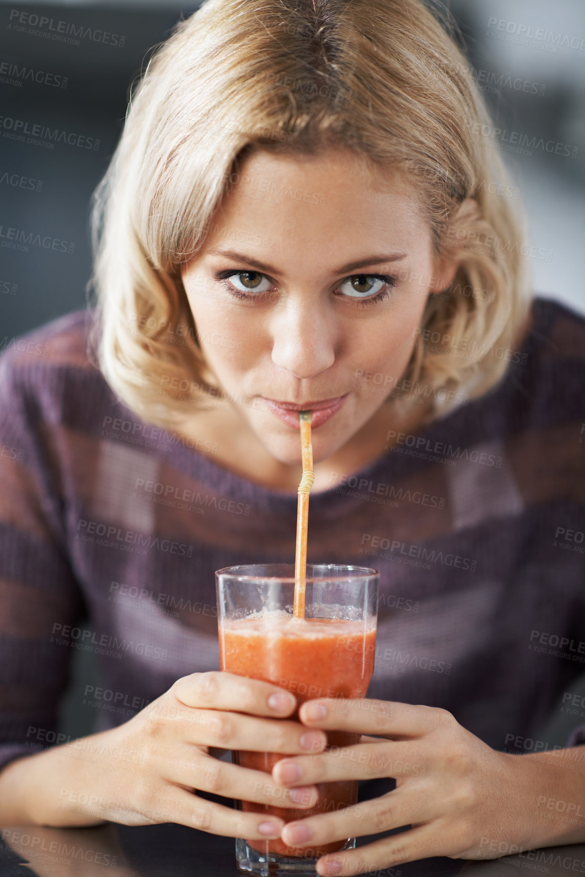 Buy stock photo Smoothie, portrait and woman in home with straw for gut health, benefits or morning wellness. Kitchen, person and fruit shake for weight loss diet, organic beverage and nutrition or digestion detox