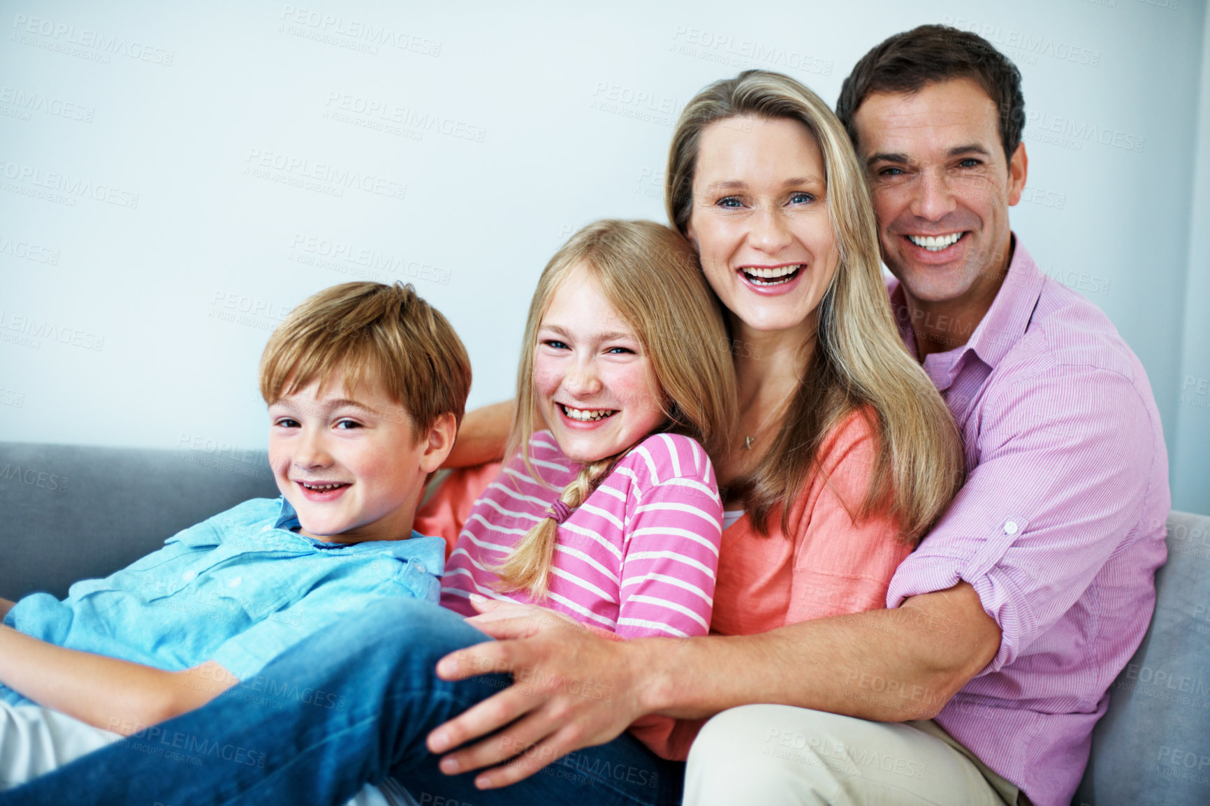 Buy stock photo Childcare, parents and kids in house with portrait, child growth or bonding together on weekend break. Relax, space or family with support, happy moment or sibling connection in childhood development