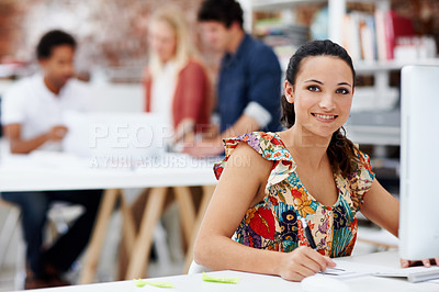 Buy stock photo Computer, notebook and portrait of businesswoman in office with research for creative project. Happy, writing and female magazine editor with schedule for publishing of article at startup agency.