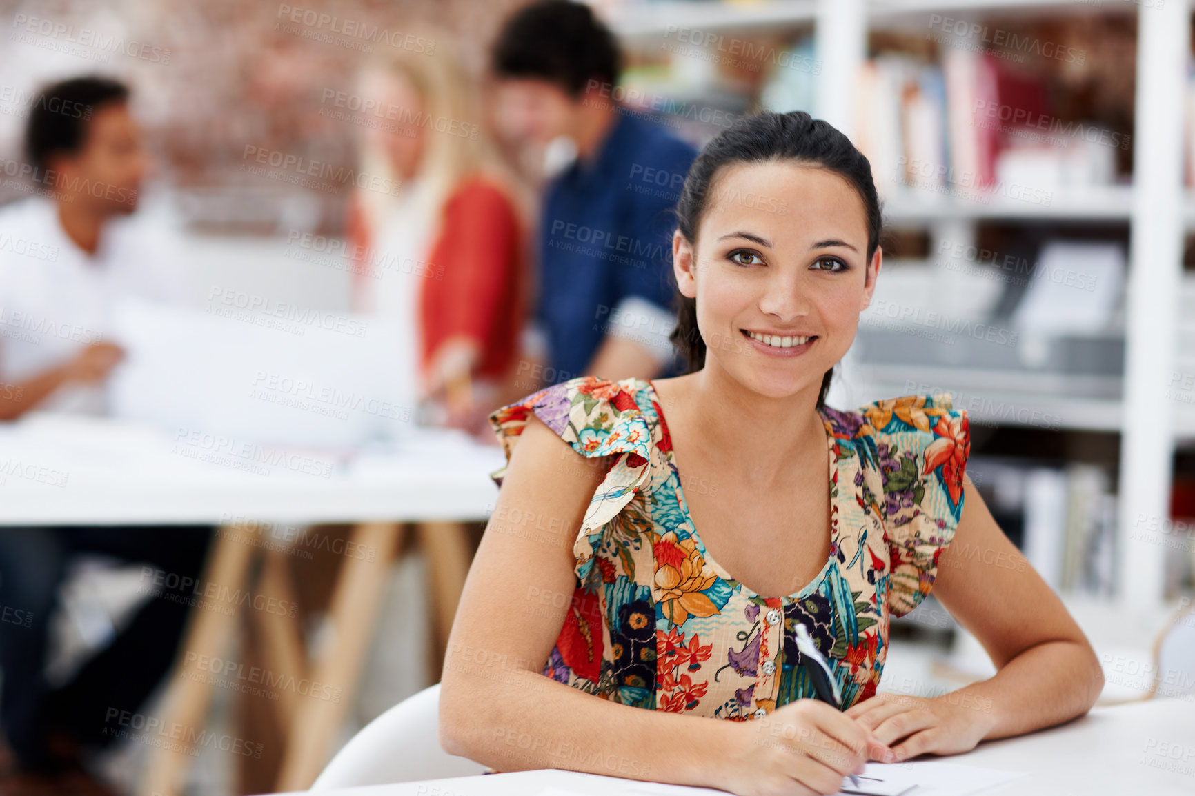 Buy stock photo Writing, documents and portrait of businesswoman in office with research for creative project. Happy, paperwork and female magazine editor with schedule for publishing of article at startup agency.